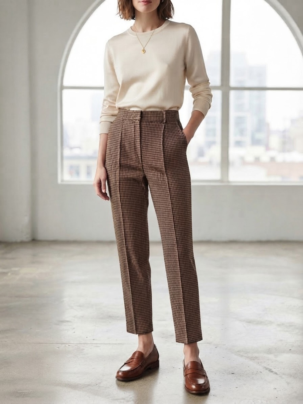 ZARA Brown Houndstooth High Waisted Ankle Pants